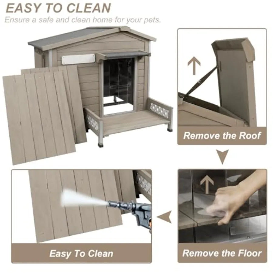 Wooden Dog House Outdoor Weatherproof Durable Dog Kennel Outside with Porch Anti-Chewing Iron Frame Dog House for Small Medium