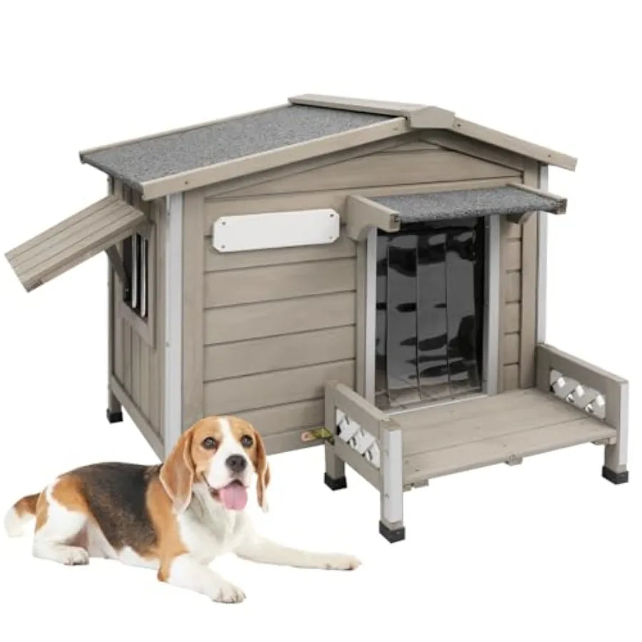 Wooden Dog House Outdoor Weatherproof Durable Dog Kennel Outside with Porch Anti-Chewing Iron Frame Dog House for Small Medium