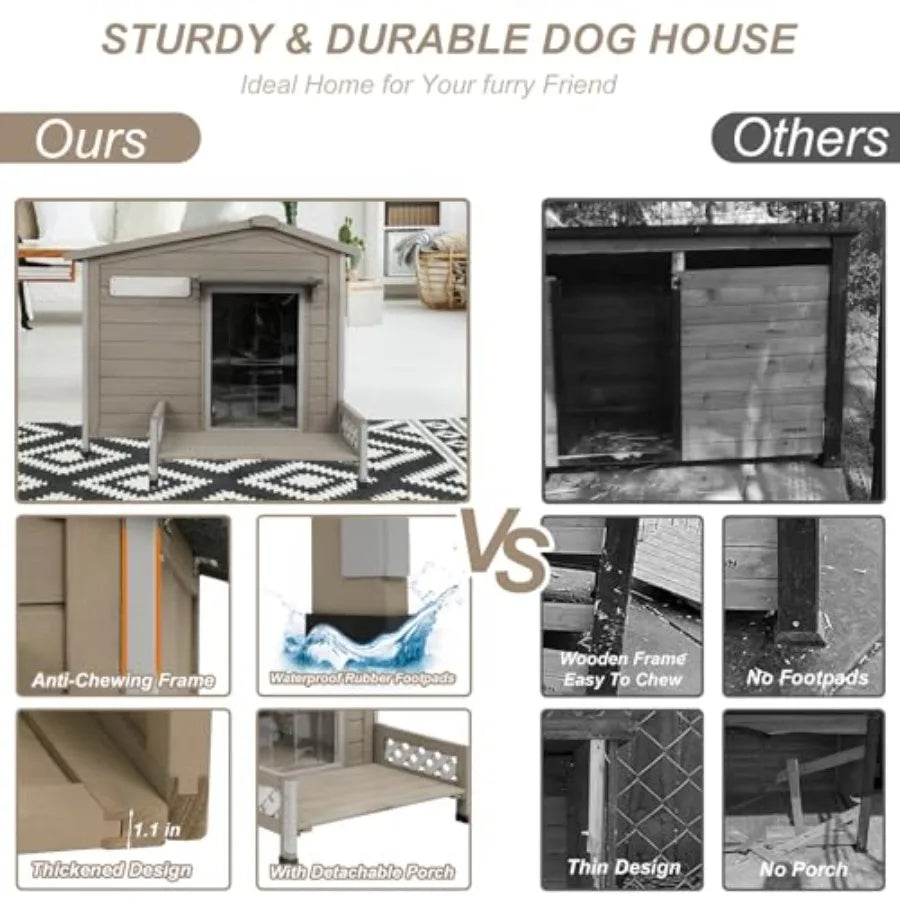 Wooden Dog House Outdoor Weatherproof Durable Dog Kennel Outside with Porch Anti-Chewing Iron Frame Dog House for Small Medium
