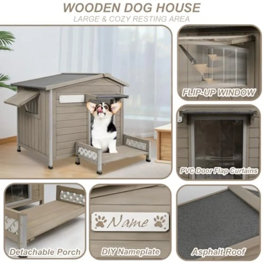 Wooden Dog House Outdoor Weatherproof Durable Dog Kennel Outside with Porch Anti-Chewing Iron Frame Dog House for Small Medium